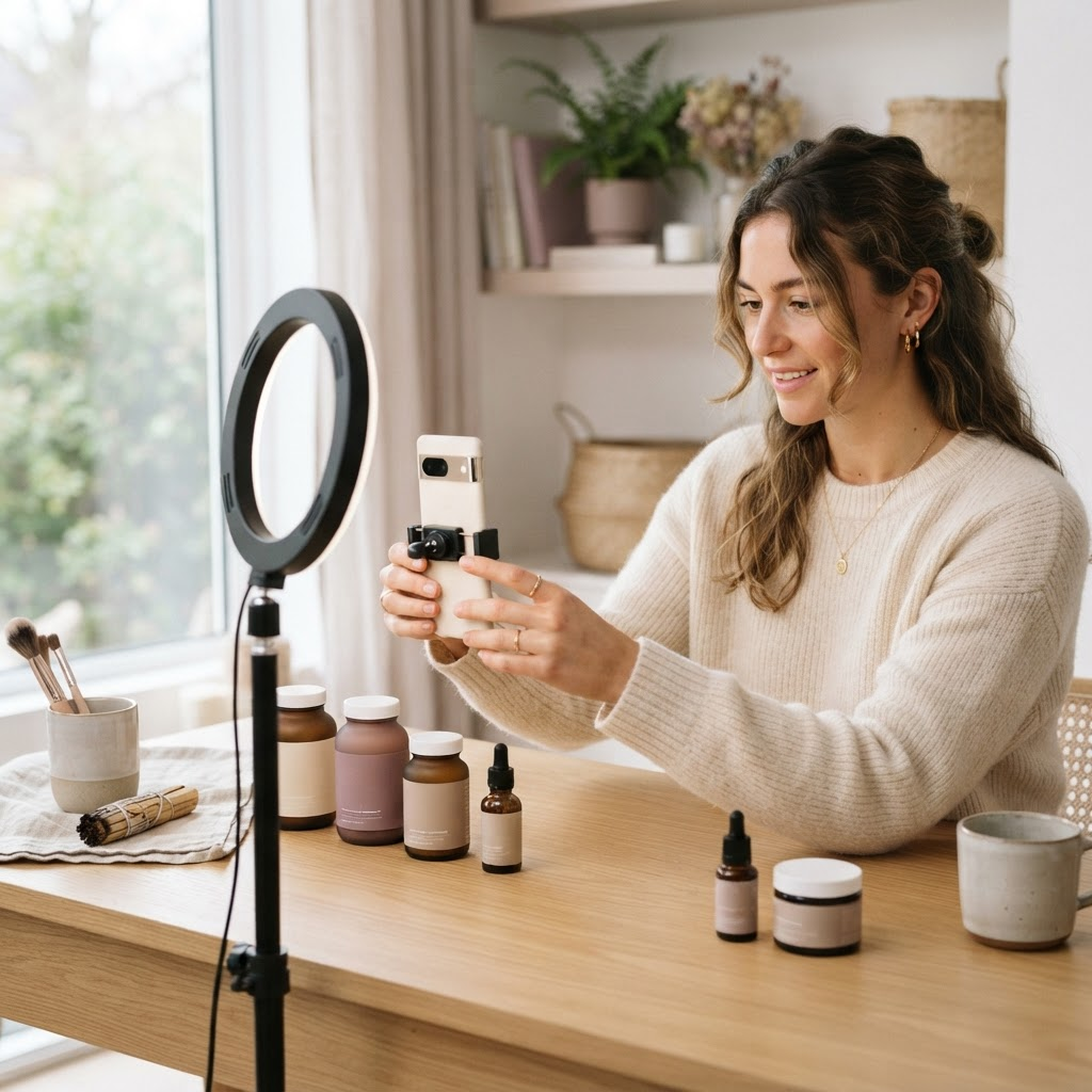 Content creator sharing wellness products with her audience